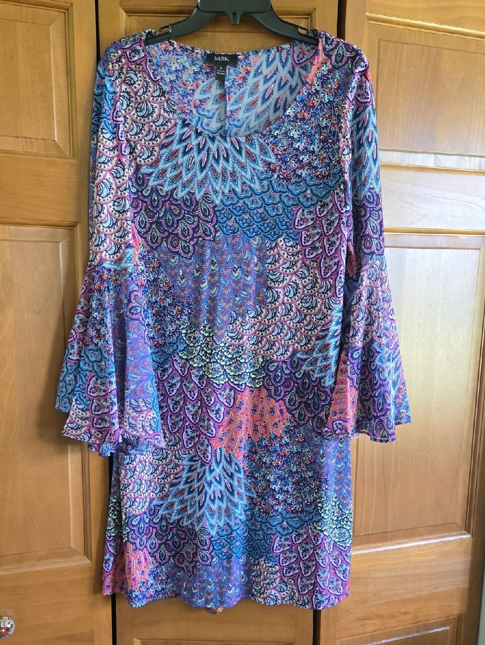 MSK Purple Blue Pink Paisley Bell-Sleeve Shift Dress